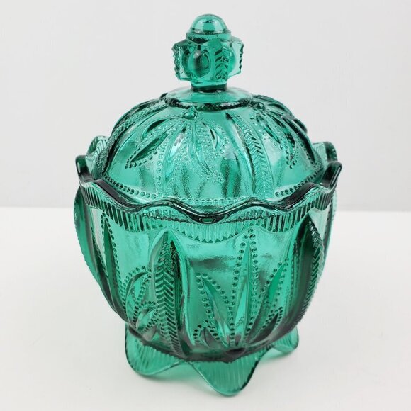 Fenton Candy Jar Vintage Spruce Green Cactus Art Glass Lidded 1995 Holidays 6+" - Picture 11 of 14